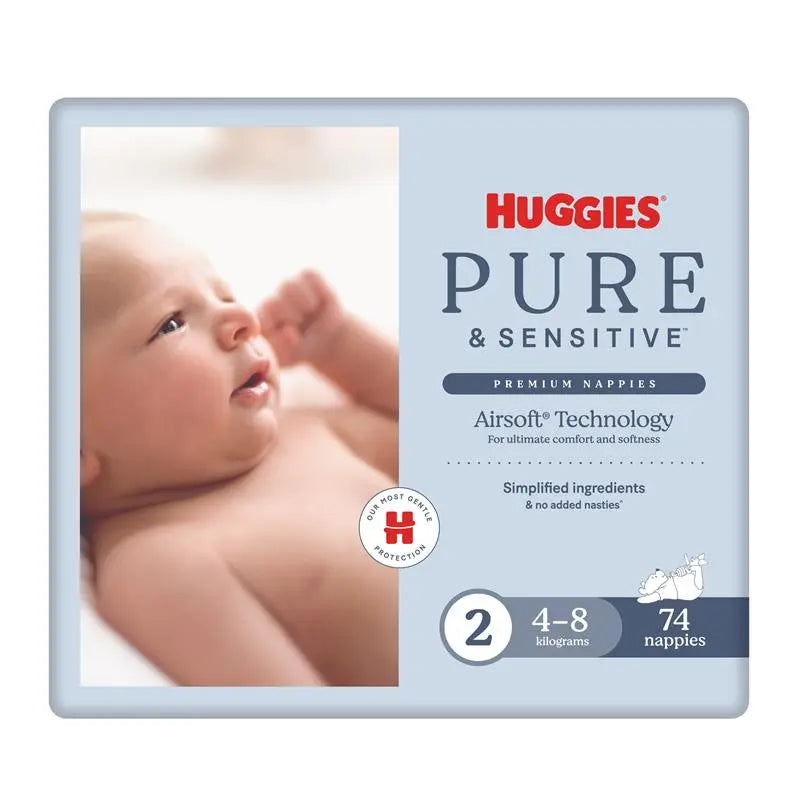 Huggies Pure and Sensitive Nappies Size 2 (4-8 Kg) 74 Pack