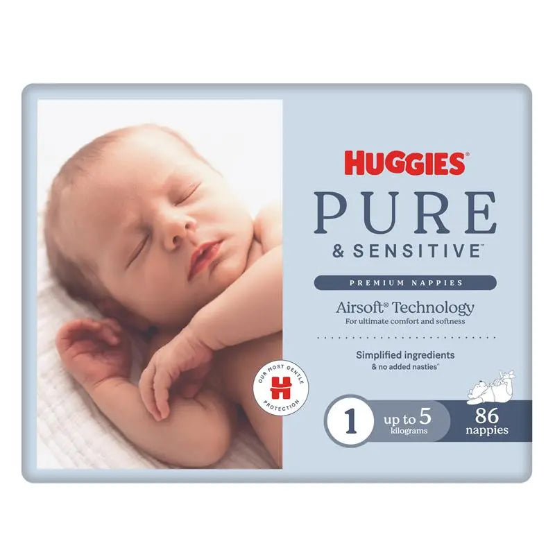 Huggies Pure and Sensitive Nappies Size 1 (Up To 5Kg) 86 Pack