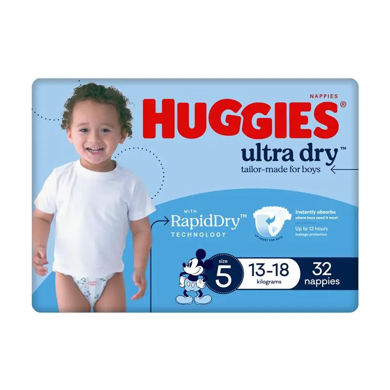 Huggies Ultra Dry Nappies Size 5 Boy 13-18kg Bulk 32 Pack