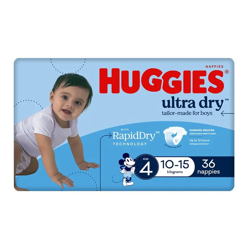 Huggies Ultra Dry Nappies Size 4 Boy 10-15kg Bulk 36 Pack