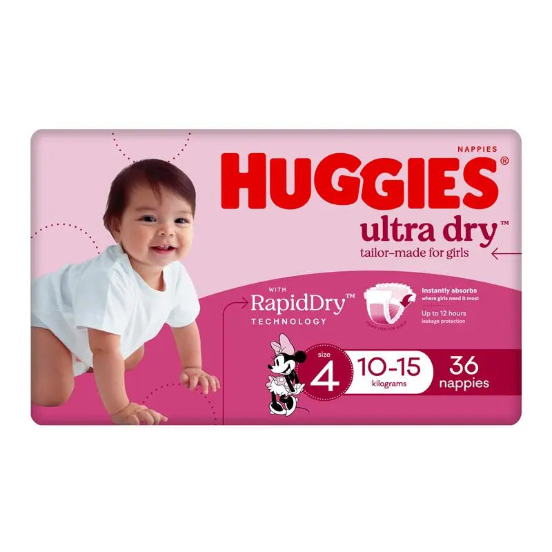 Huggies Ultra Dry Nappies Size 4 Girl 10-15kg Bulk 36 Pack